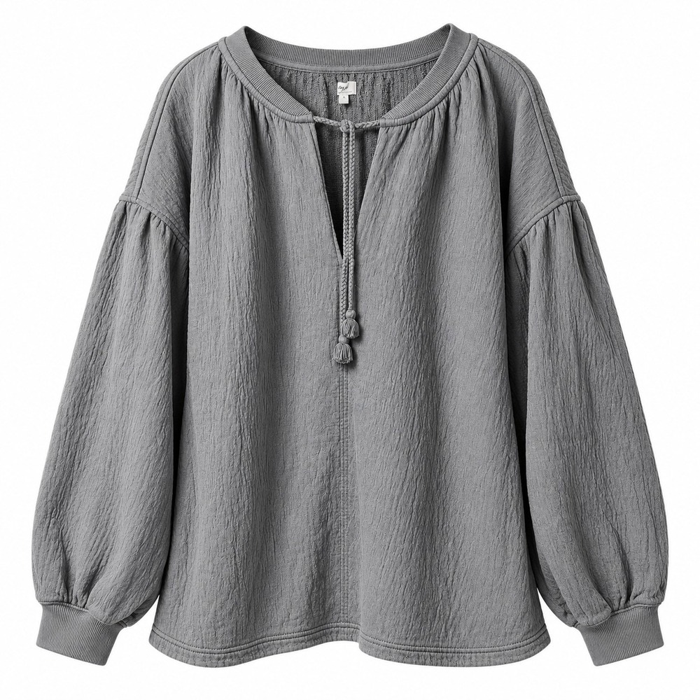 AERIE Crinkle Gauze Pullover Top Sz XL Gray Oversized Tassel Necktie Cozy Lounge